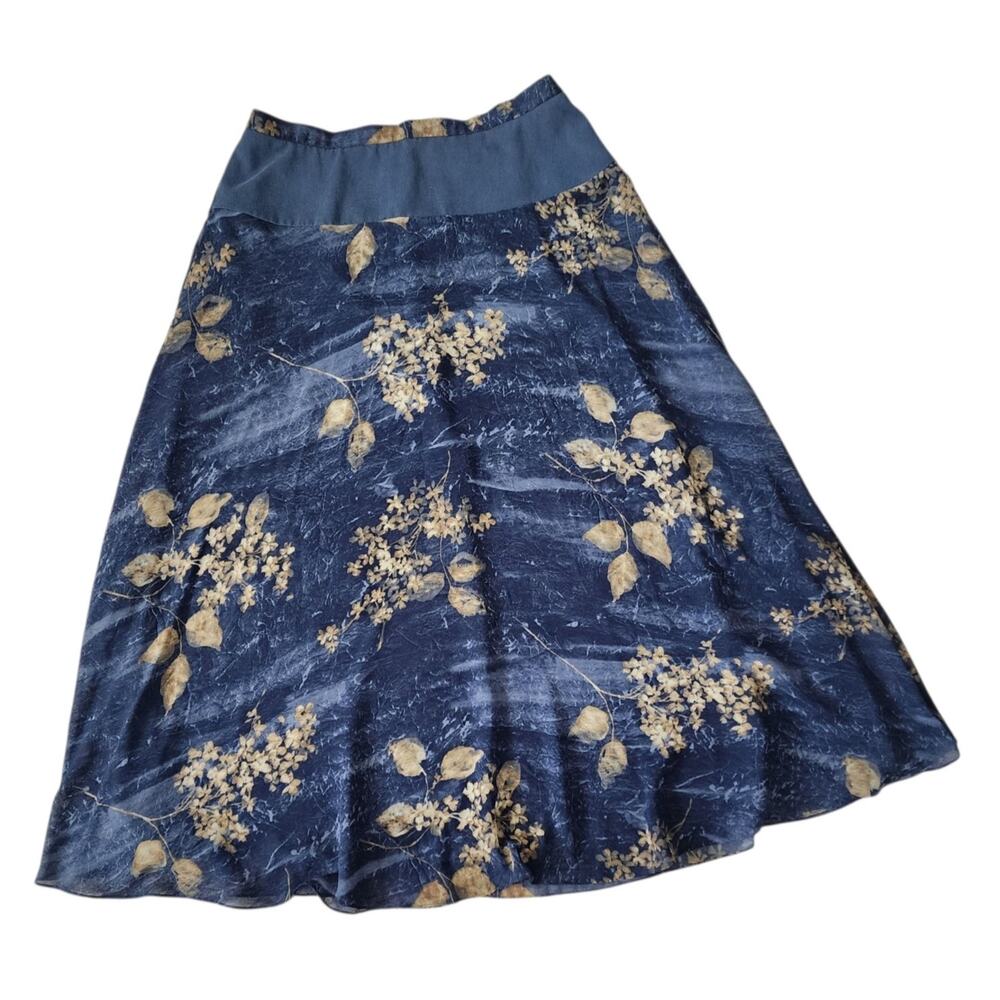 Vintage Liz Claiborne A-line Midi Skirt Blue w/Gold Floral & Leaf Print Size 16.